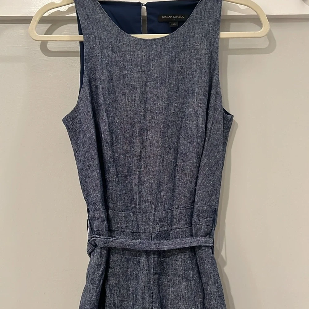 Banana Republic Chambray Blue Linen Blend Tie Waist Jumpsuit